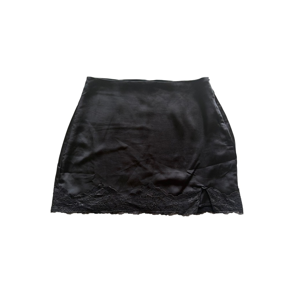 Mini Skirt Satin Lace Trim Coquette Beverly and Beck Womens S Black Side Slit